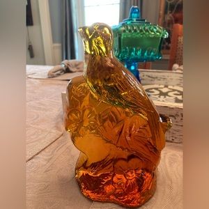 Vintage Viking Glass Bird on Flowers Amber Bookend with Original Label